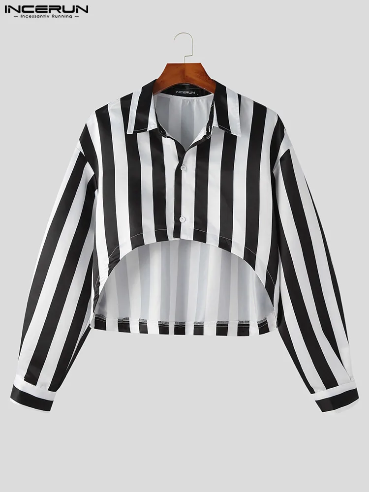 INCERUN Tops 2023 Korean Style New Men's Striped Blouse Casual Streetwear Male Hot Sale Half Cut Short Long Sleeve Shirts S-5XL