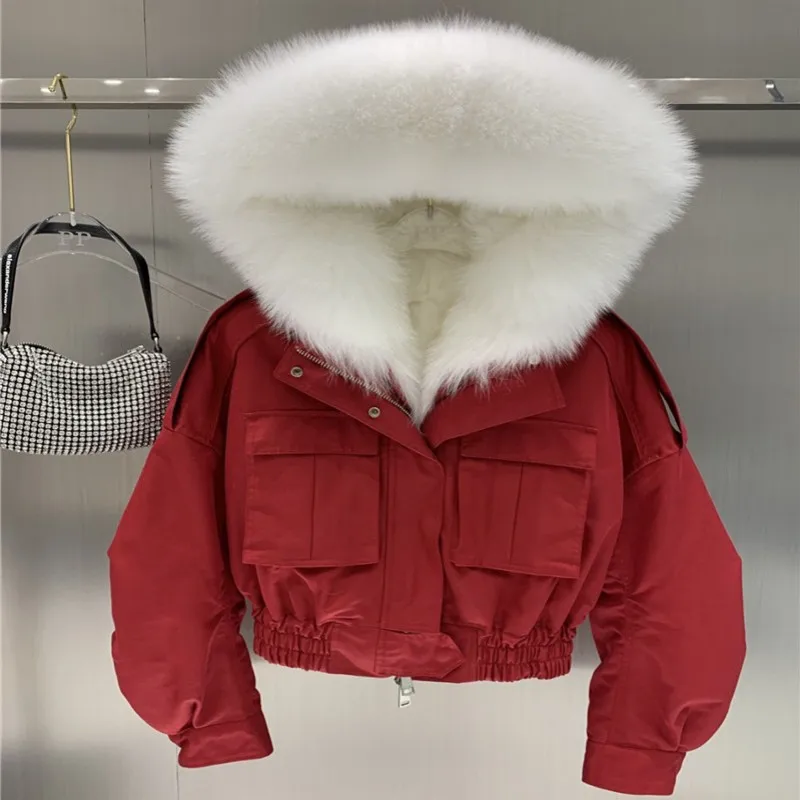 2022 New Women's Real Fur Parka Natural Fox Fur Collar Winter Thick Warm Real Fur Coat Hooded Lamb Fur lined Bomber Jacket