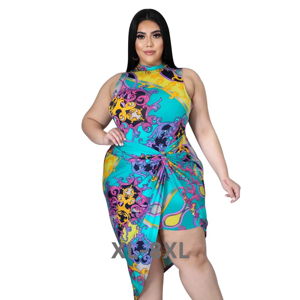 Plus Size 4xl Women Large Dress 2022 Summer Receives Waist Round Collar Vintage Irregular Skirt Printing Whol 3xl 4xl 5xl 6xl