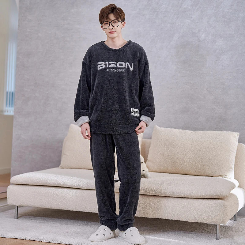 FUNISHI Coral Fleece Pajama Set Winter Pajamas Flannel Plus Size 4XL Men Sleepwear Loose Version Inspissate Pullover Nightgown