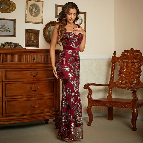 Women's Elegant Sleeveless Temperament Sexy Long Sequins Word Collar Backless Banquet Evening Dress Wedding Bridesmaid Dress