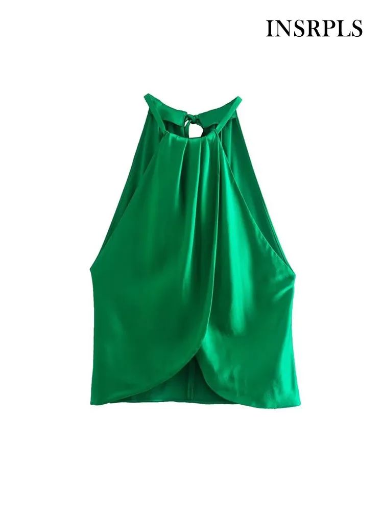 

INSRPLS Женская мода с Завязанными атласными асимметричными блузками винтажные женские рубашки без рукавов с воротником хомутиком шикарные т...