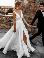 a line garden open back wedding dresses 2022 v neck court train satin simple sexy split front bridal gowns vestidos de noiva