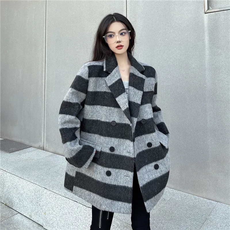 

Женский шерстяной костюм в стиле ретро, свободная Утепленная стеганая куртка контрастных цветов в полоску, верхняя одежда для осени и зимы