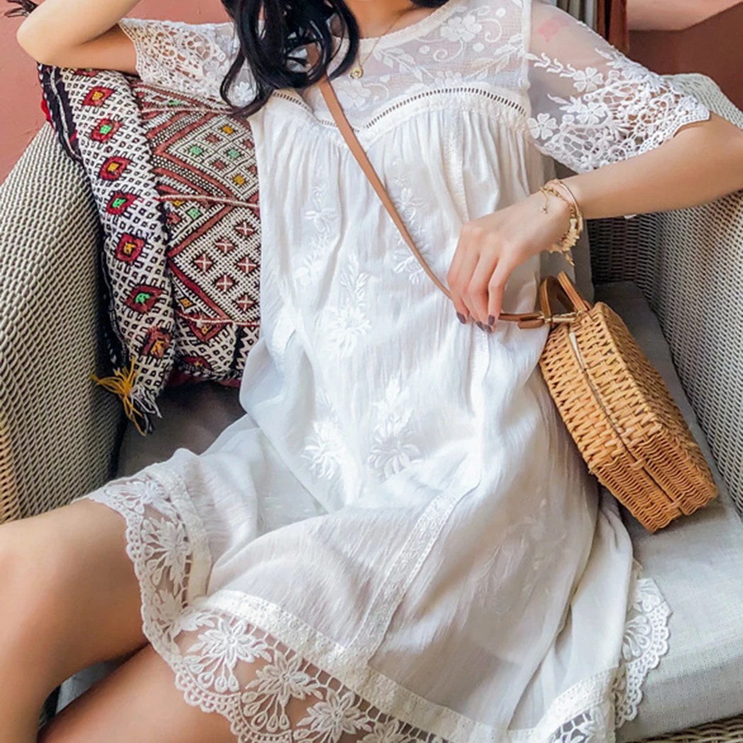 

2022 Summer Women Short Dress Boho Embroidery Mini Dress Beach Casual White Lace O-Neck Short Sleeve Loose Chic Elegant Vestidos