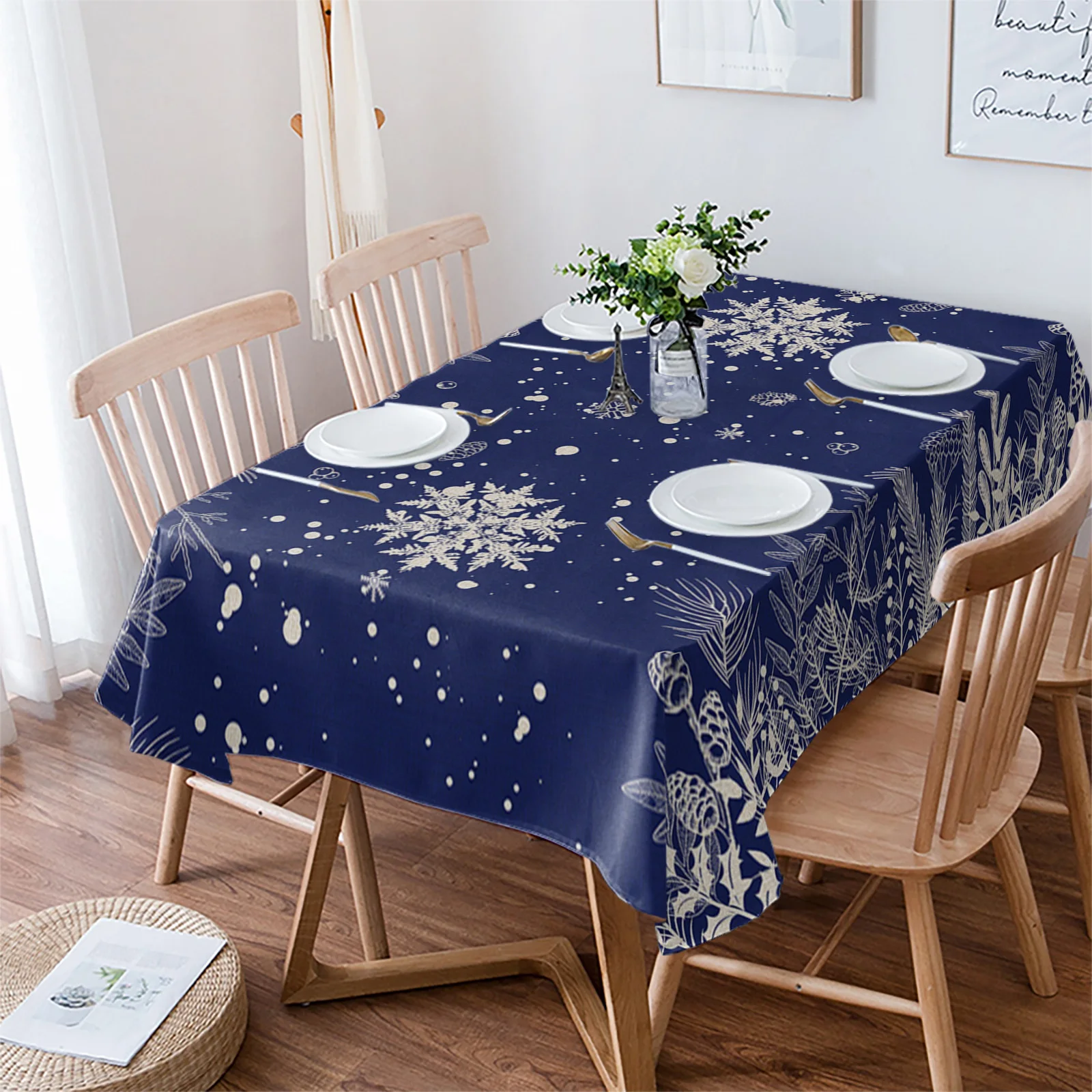 

Christmas Snowflakes And Pine Leaves Table Cloth Waterproof Dining Tablecloth Kitchen Decorative Party Table Cover