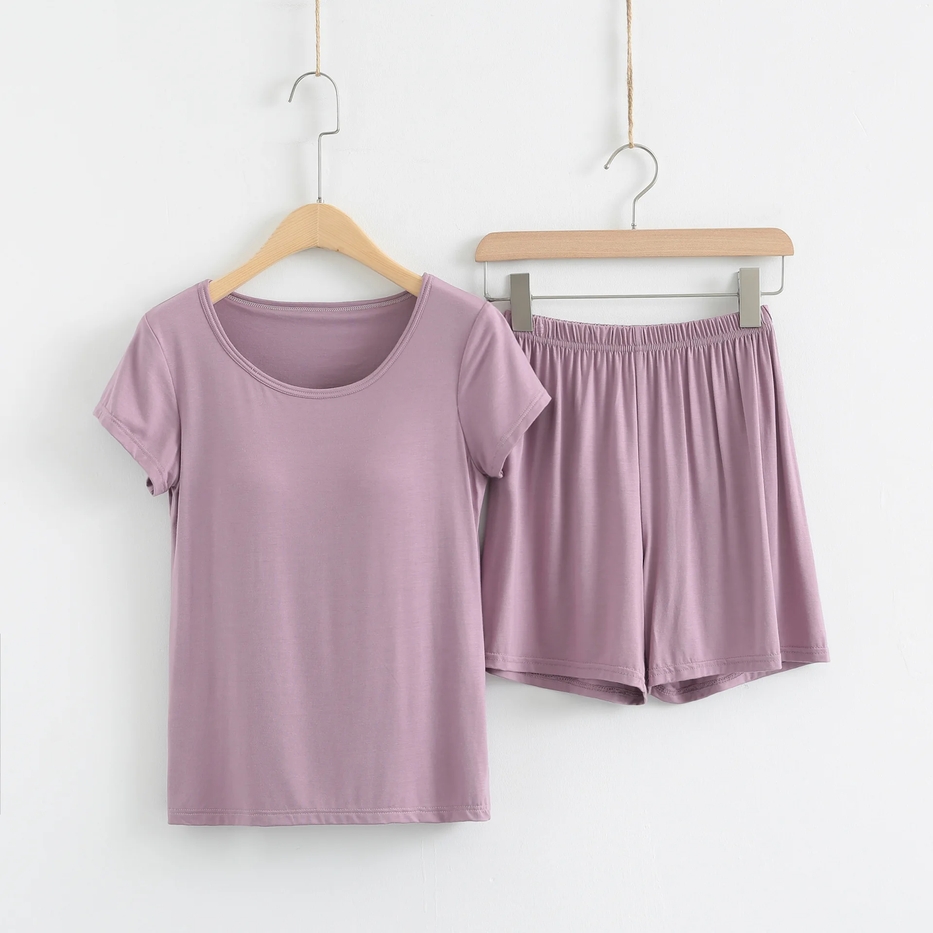 Modal Women's Pajamas Sets Solid Loungewear Bra-free Cup Integrated Half-sleeved Shorts Causal Shorts Sleepwear Women Sleep Wear