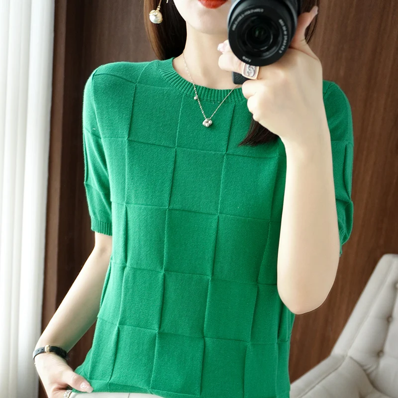 100%Cotton T-Shirt Spring/Summer 2022 Women Knit Short Sleeve Korean Loose O-Neck Vest Square Solid Color Short Sleeve Thin Top
