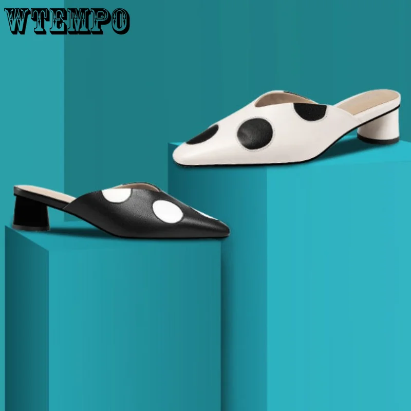 WTEMPO Pointed Mid Heels Slippers Women Summer Shoes Sexy Sandals Leather Mules Shallow Slides High Heel Shoes Dropshipping