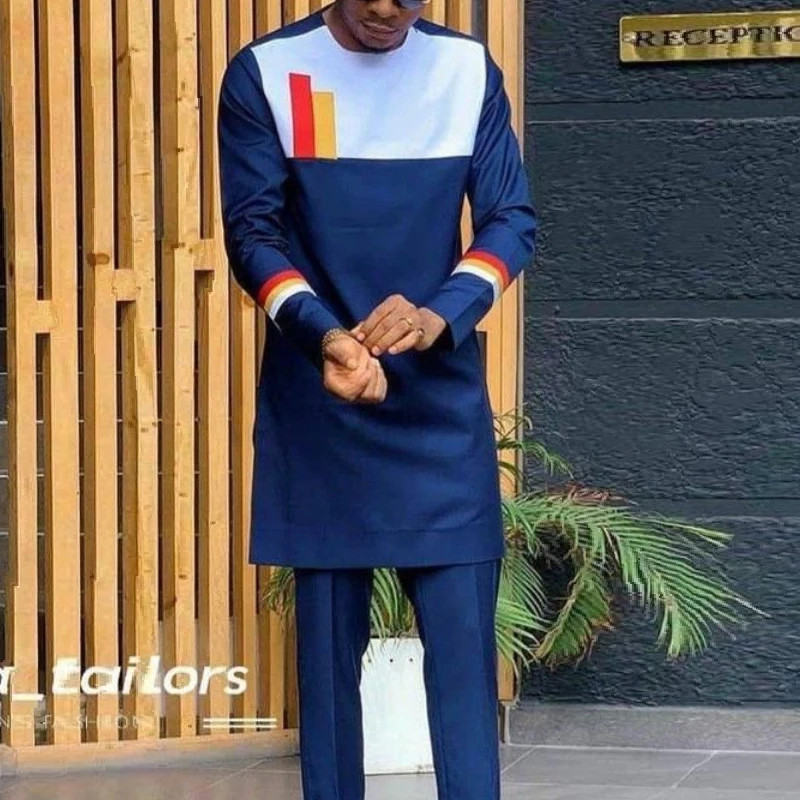 

Dashiki T-shirt Men's Round Neck Long-sleeved Solid Color Fashion African Ethnic Style Casual Men's Suit Mens Clothing New