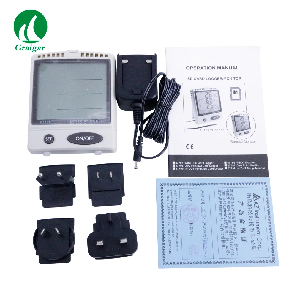 

AZ87798 Desktop Dew Point Humidity Temperature Tester SD Card 1min1/6 LCD Displays