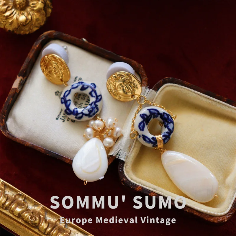 Ретро нишевые керамические древние римские монеты женские серьги с натуральным