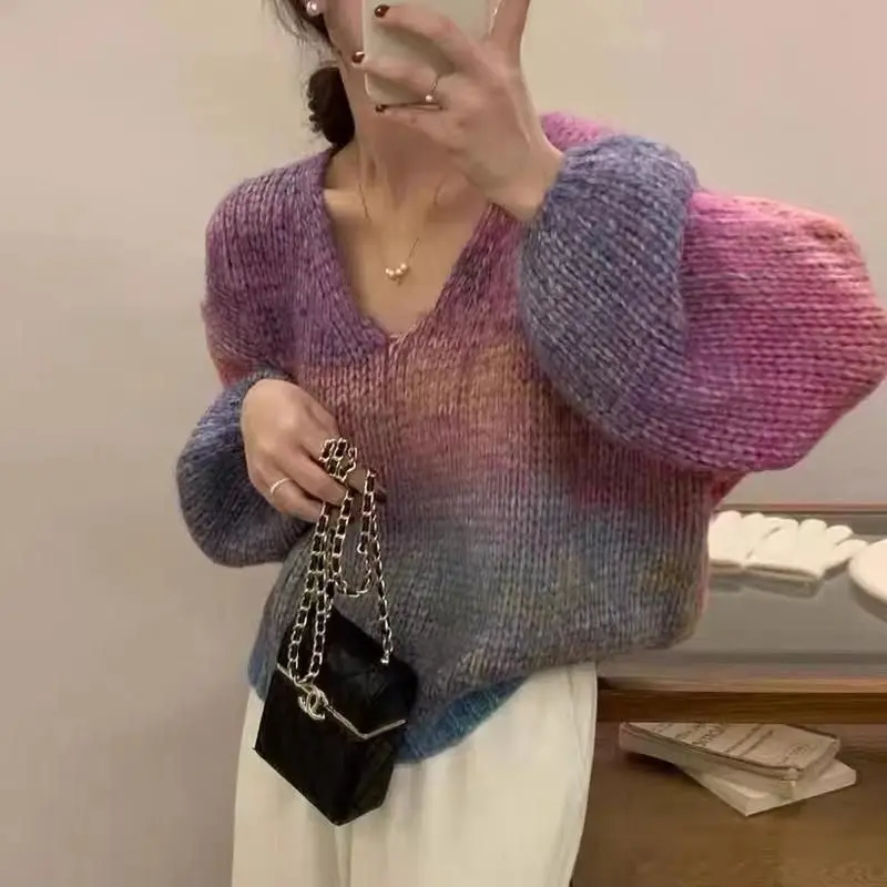 

2023 Autumn New Sweater Women's V-neck Contrast Knitted Long Sleeve Top