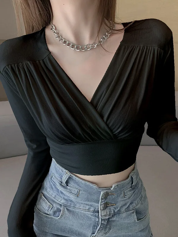 Женский трикотажный пуловер с V-образным вырезом длинным рукавом