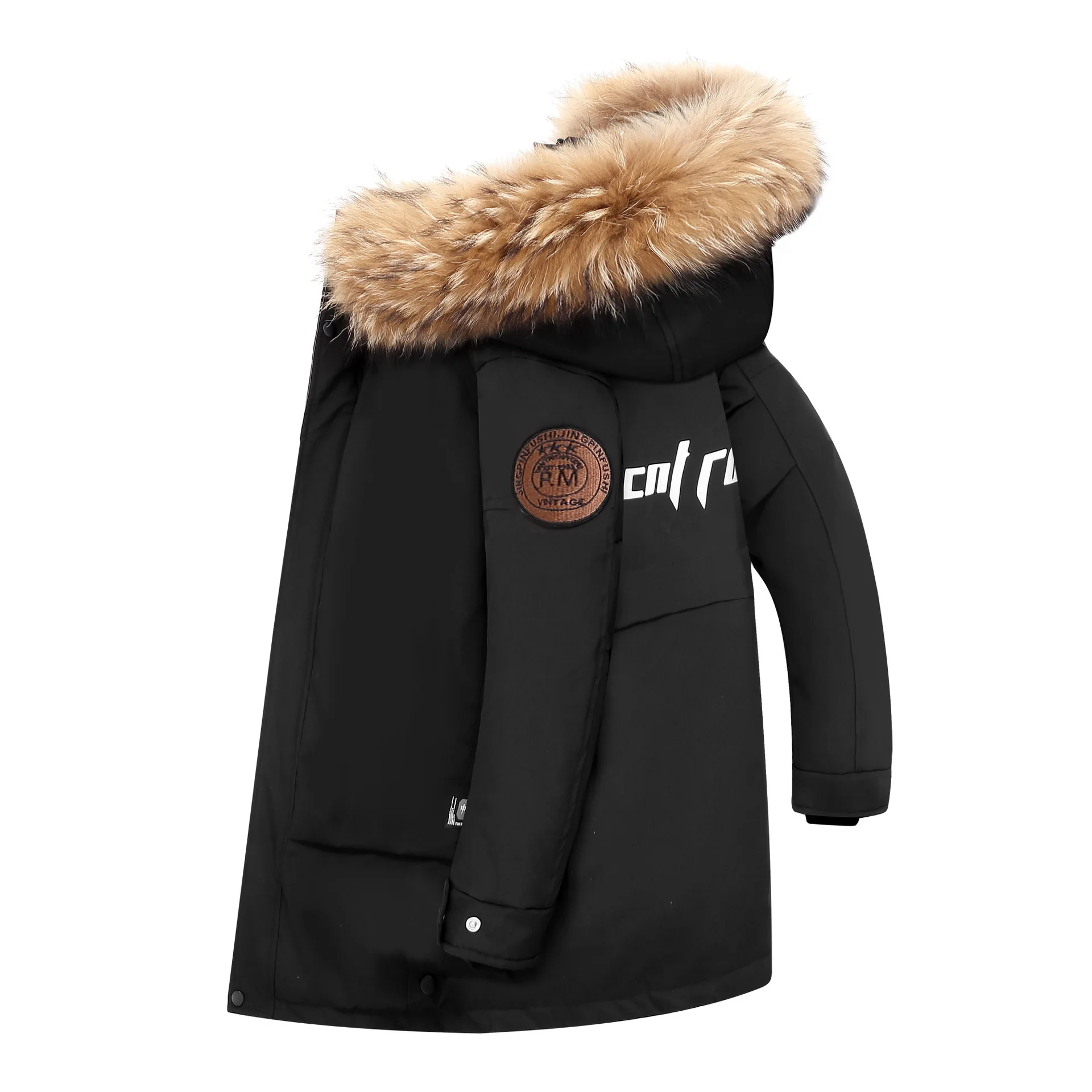 Детский зимний пуховик с капюшоном из натурального меха енота