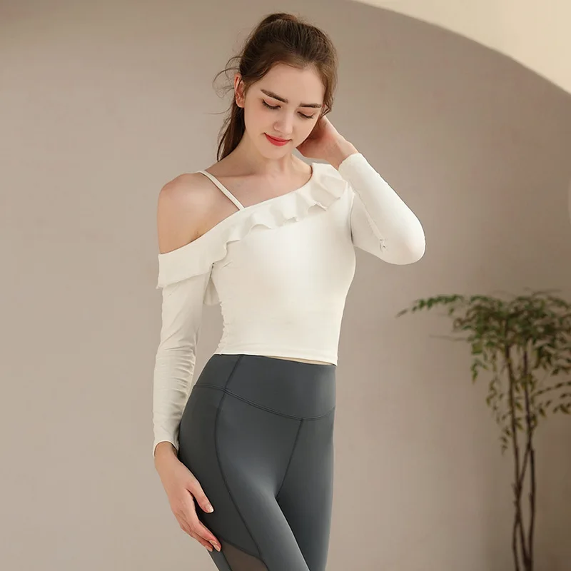 

Yoga Shirt with Chest Pad Women's Small Beauty Back Exercise Top Running Training off-the-Shoulder
