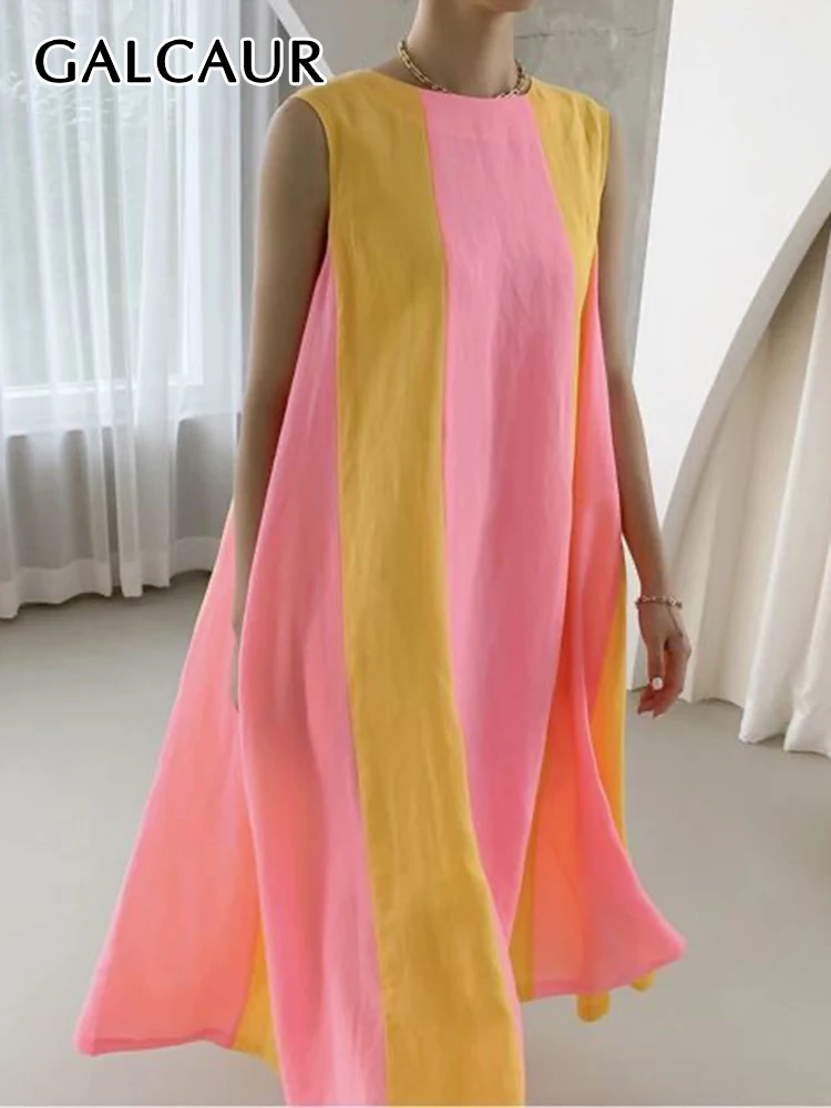 

GALCAUR Striped Dress For Women O Neck Sleeveless Straight Loose Waist Casual Dresses Female 2022 Summer Fashion Clothing Style