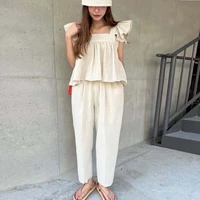 two piece sets korean chic casual ruffled fly sleeve shirt and high waisted lace up casual wide leg pants elegant suits summer