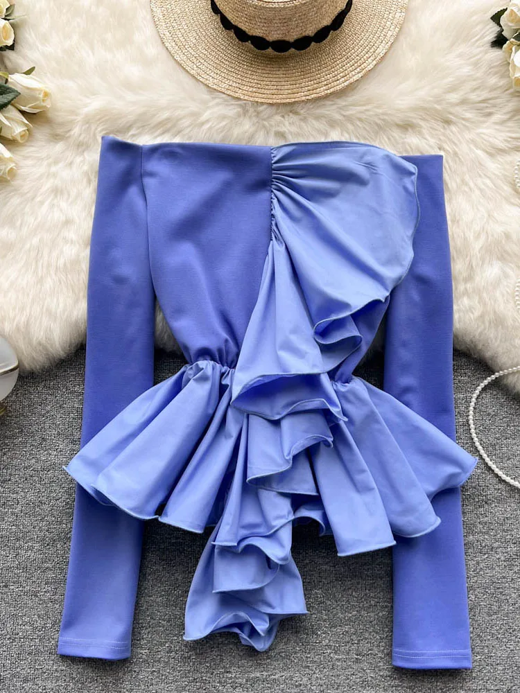 

One-shoulder European Slim Shirt 2022 Spring Fungus Style Super Fairy Ruffled Foreign Style Blouse Top Women Blusas Mujer D9991