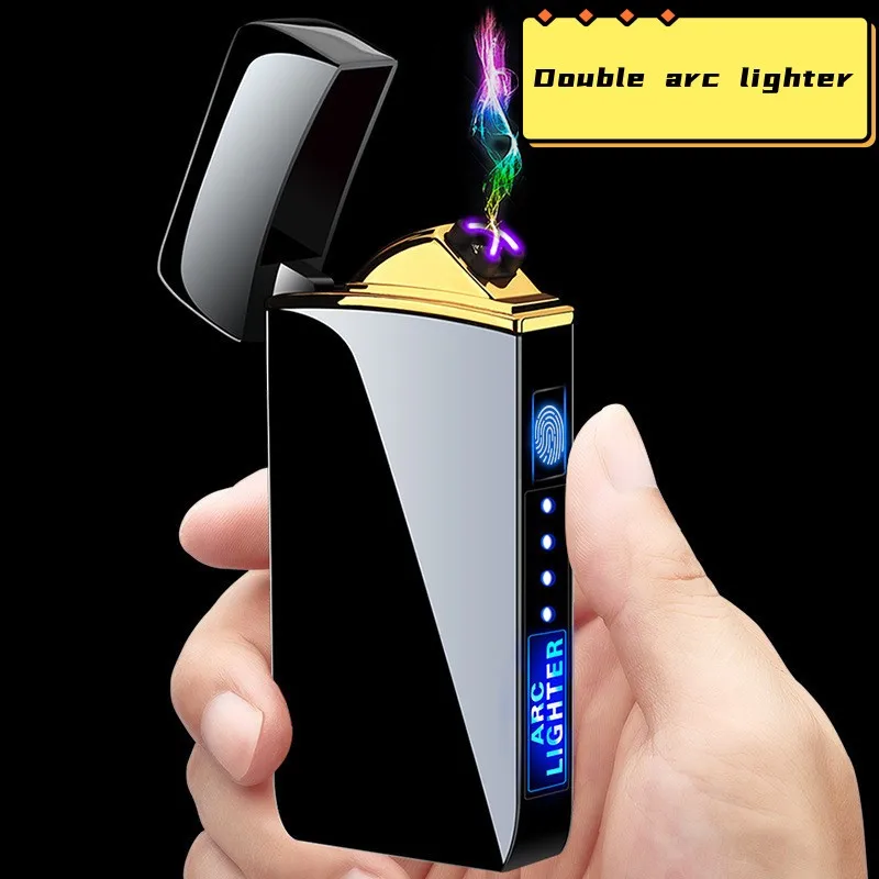 

Windproof Metal Flameless Electric Lighter Dual Arc Plasma USB Lighter LED Power Display Touch Induction Lighter