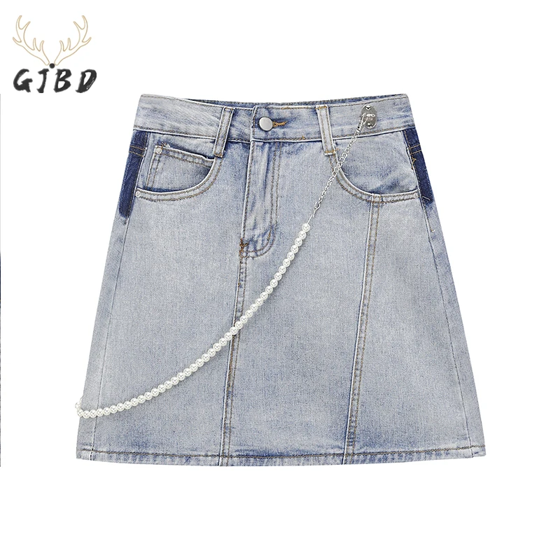 Женская джинсовая юбка с цепочкой голубая Повседневная винтажная модная