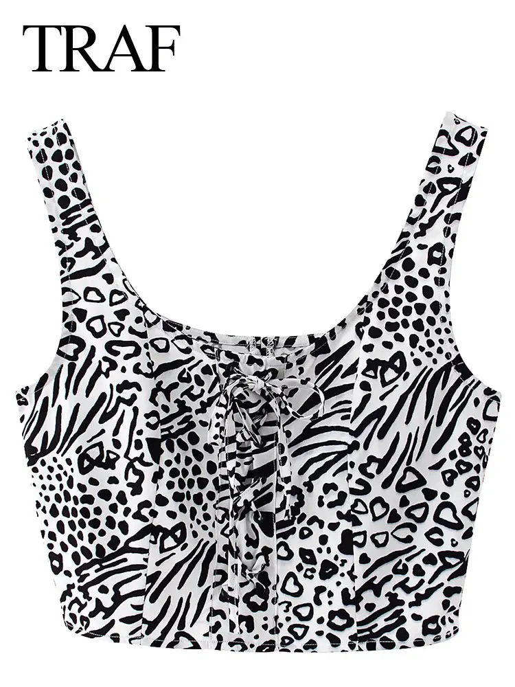 

TRAF Summer Ladies Beach Style Sexy Black Leopard Print Vest Square Neck Tie Cross Design Tight Cropped Top Women Sleeveless