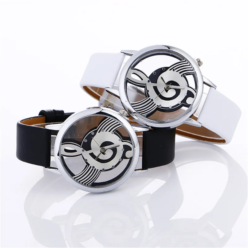 

Lady Womans Wrist Watches Simple Casual Engraving Hollow Stylish Musical Note Painted Leather Bracelet Lady Bracelet Watches