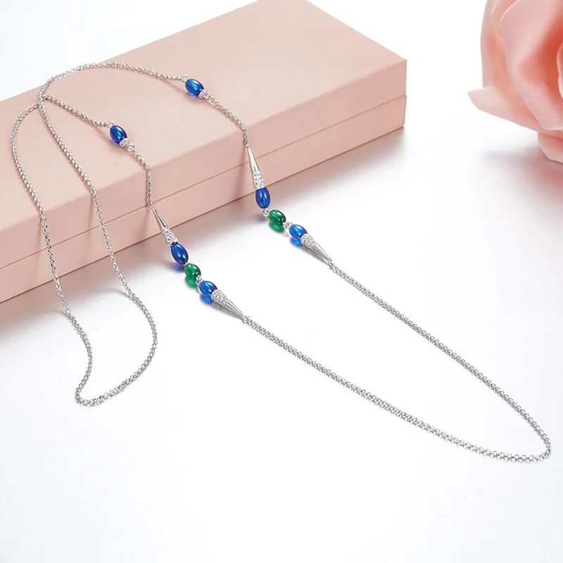 

Luxury Brand 925 Sterling Silver Blue Stone CZ Candy Long Chain Necklace Green Gems Cubic Zircon for Ladies Women Jewelry