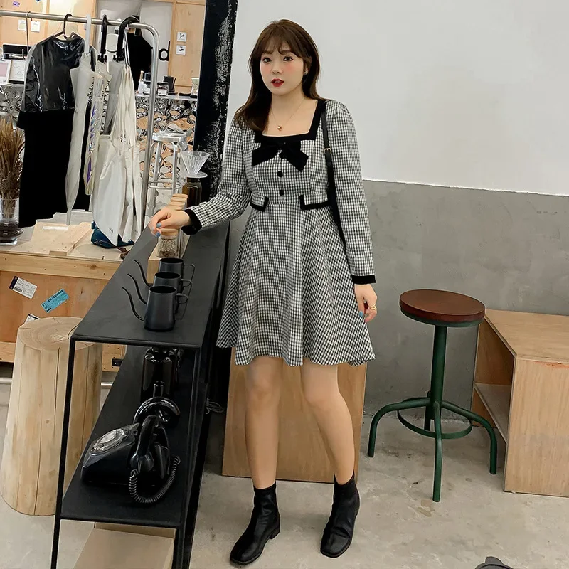 Женское клетчатое винтажное мини-платье больших размеров с высокой талией для