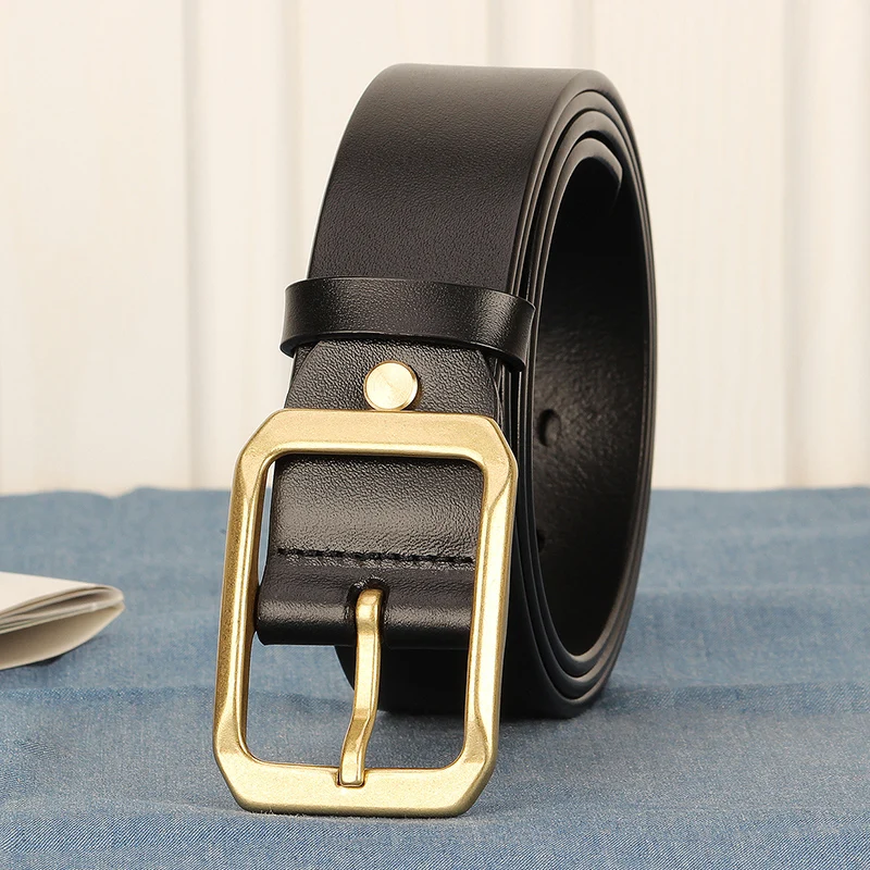 3.8cm Belt Male Leather Copper Buckle Handmade First Pure Cowhide Retro All-match Casual Jeans Soft Belt Coffee Black Luxury