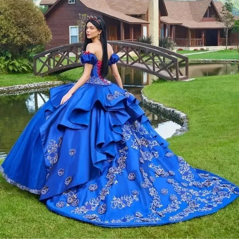 Королевские синие мексиканские бальные платья для девочек Quinceanera атласные