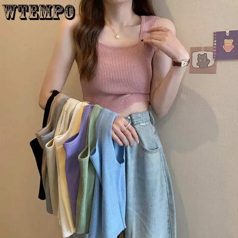 Ladies Casual Basic Rib Knit Cropped Top Summer Sleeveless Crew Neck Vest Bottoming Camisole  Y2K Korean Fashion Streetwear