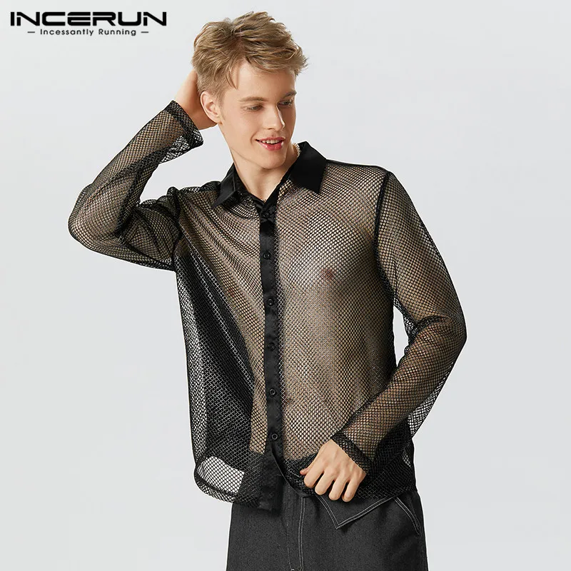 

2023 Fashion Men Shirt Mesh Patchwork Transparent Lapel Long Sleeve Streetwear Camisas Sexy Loose Party Men Shirts S-5XL INCERUN