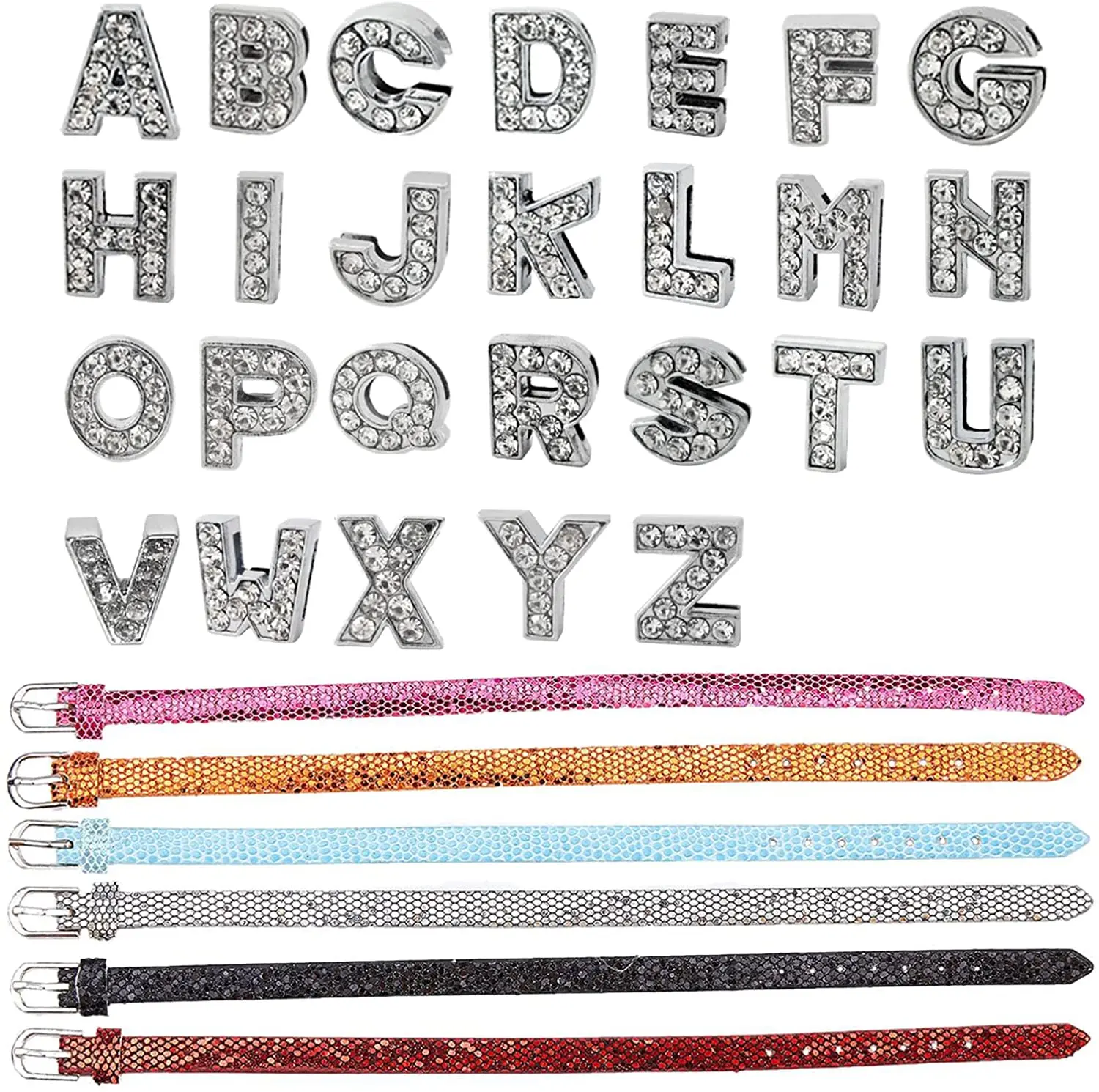

32 PCS Rhinestone Letter Charms Kits 6 PCS Slide Alphabet Letters Adjustable Slide Wristbands 26 PCS A-Z Full Rhinestones Charm