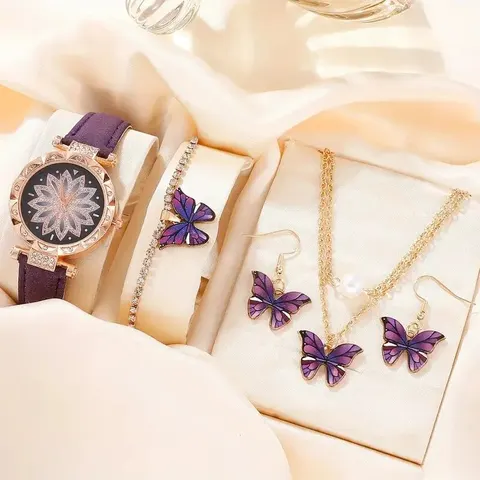 5 шт., женские модные трендовые дизайнерские кварцевые часы с цифровым указателем подсолнуха, фиолетовые серьги-бабочки, ожерелье, браслет, набор