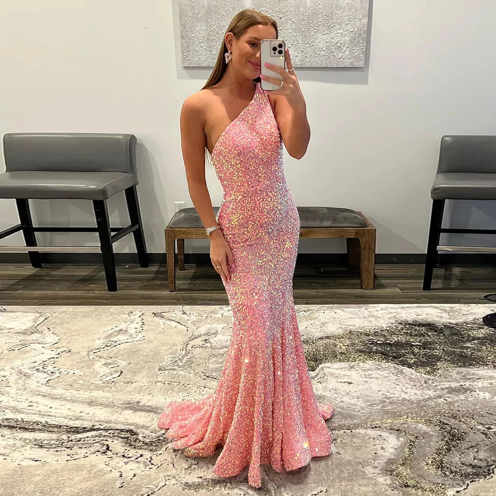 

Elegant Pink Mermaid Evening Night Dress for Women 2022 Velvet Sequin One Shoulder Backless Formal Prom Wedding Party Gowns