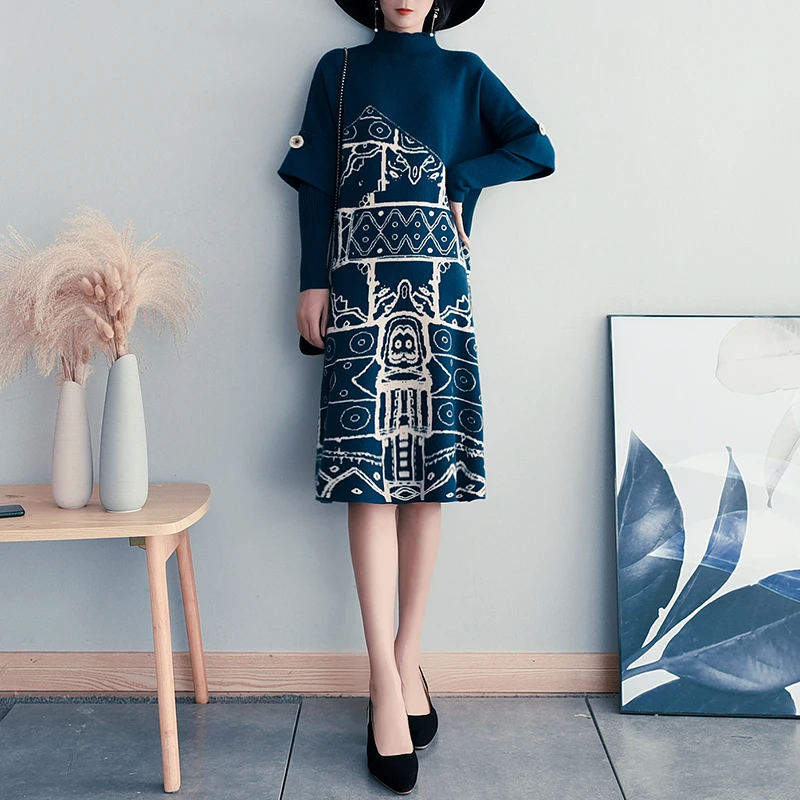 

Elegant Knitted Long Sleeve Dress For Women's Clothing 2022 Spring Autumn Atmospheric Loose Large Size Sweater Midi Dress D1705