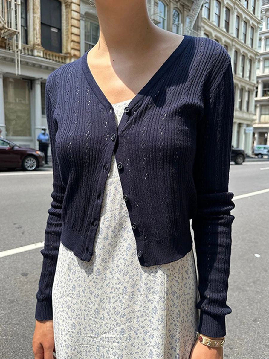 

2023 Autumn Knit Cardigan Long Sleeve V Neck Eyelet Button Down Knitwear Women Fall Tees Shirts