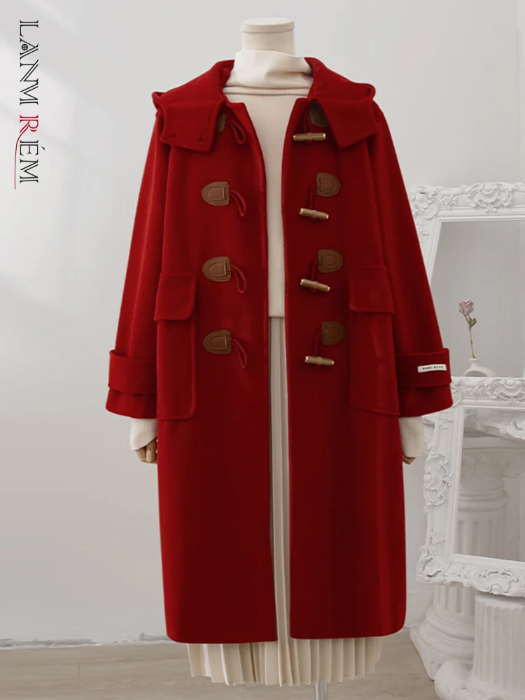 

LANMREM Retro Single Breasted Wool Coat For Women Hooded Long Sleeves Spliced Coats Korean Clothing 2023 Autumn New 32D426