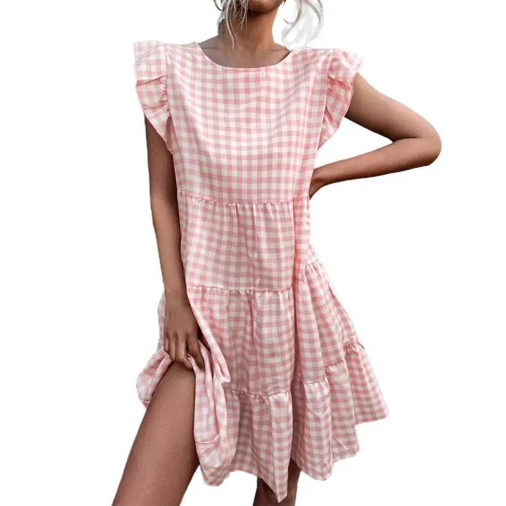 

Vintage Checked Print Dresses Fashion Grid Plaid Sundress Women Summer Dress Femme Half Sleeve Pleated Robe Work Vestidos