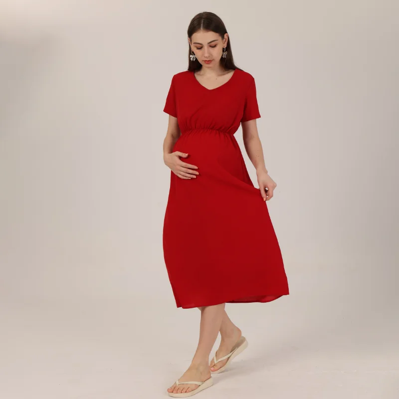 YUQIKL Women Summer Maternity Clothes Fashion Simplicity Cotton Short Sleeves V-Neck Solid Pregnancy Dress Prom Dresses enlarge