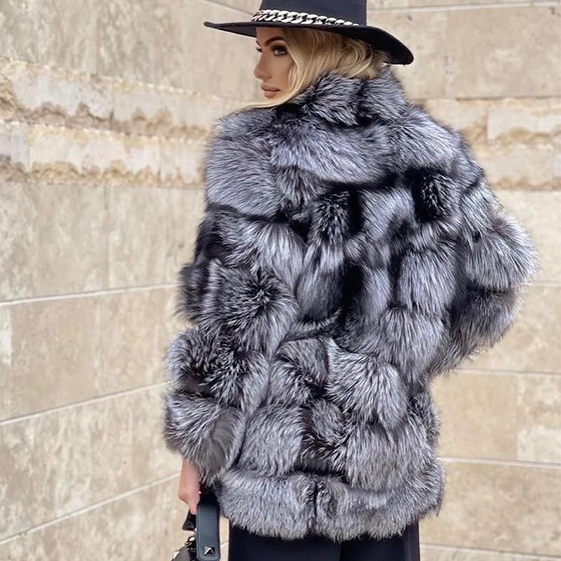 Hairy Silver Fox Fur Coats Women Streetwear Winter New Luxury Warm Outertwear Lady Tide Real Silver Fox Fur Jackets Female