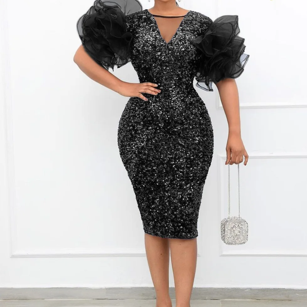 

Plus Size Elegant Evening Dress Long Puff Sleeves V-Neck Knee-Length Gown 2022 Ever Pretty of Prom Party Sequins Women Dress