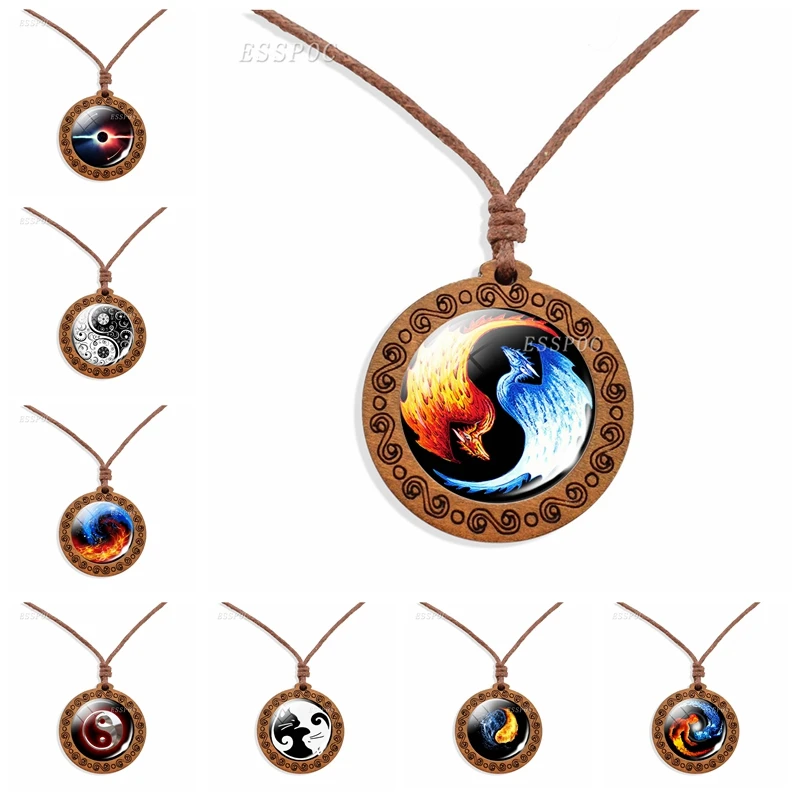 

Yin Yang Taichi Symbols Wooden Necklace Glass Cabochon Jewelry Necklaces Fashion Accessories Wood Pendant Men Women Gift
