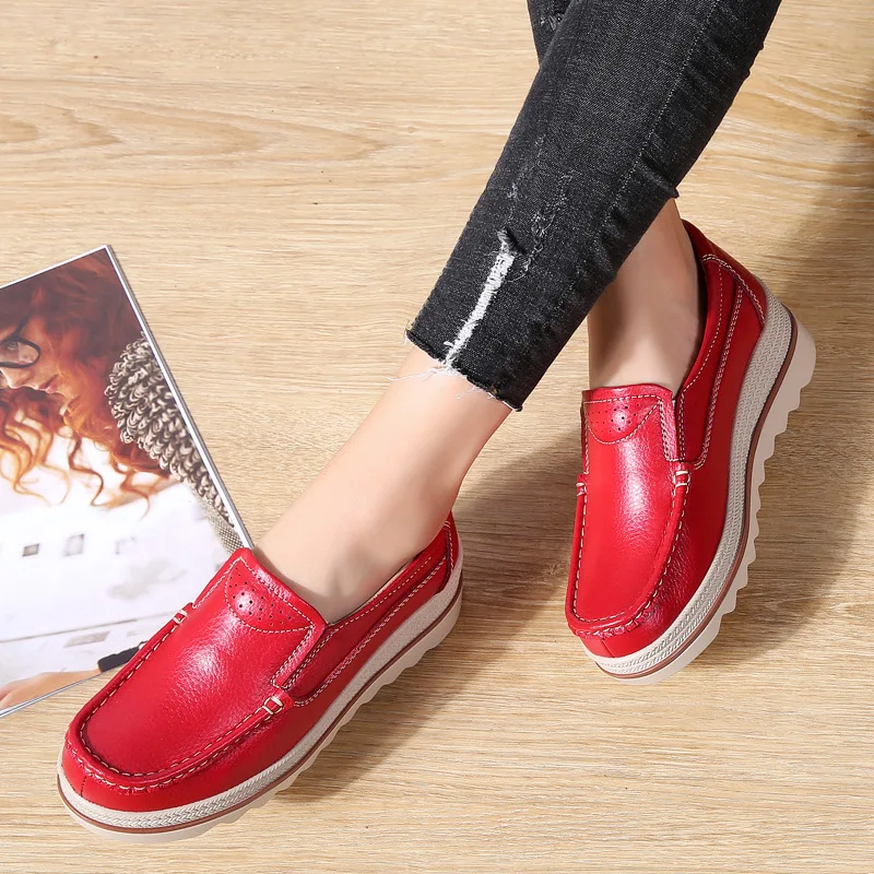 Autumn women flat shoes woman platform sneakers moccasins shoes woman creepers without lace genuine leather shoe ladies