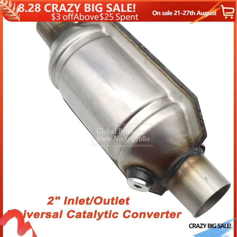 

2" Inlet/Outlet Universal Catalytic Converter 400 cells High Flow With O2 Port & Heat Shield 53004 Car Stainless Steel