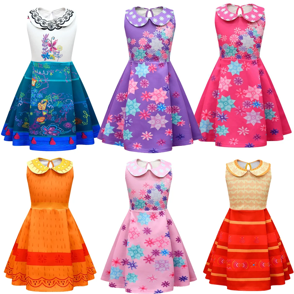 

ENCANTO Princess Summer Dress Isabela Mirabel Luisa Sleeveless Cosplay Floral Clothing with Wig Bag for Kids Girl Party 2-10T