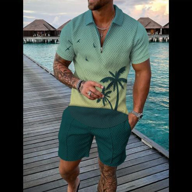 2022 New Summer Men Sport Suit 2 Piece Sets Short Sleeve Polo Shirt Men Short Pant Male Coconut Tree Casual Oversized Clothes