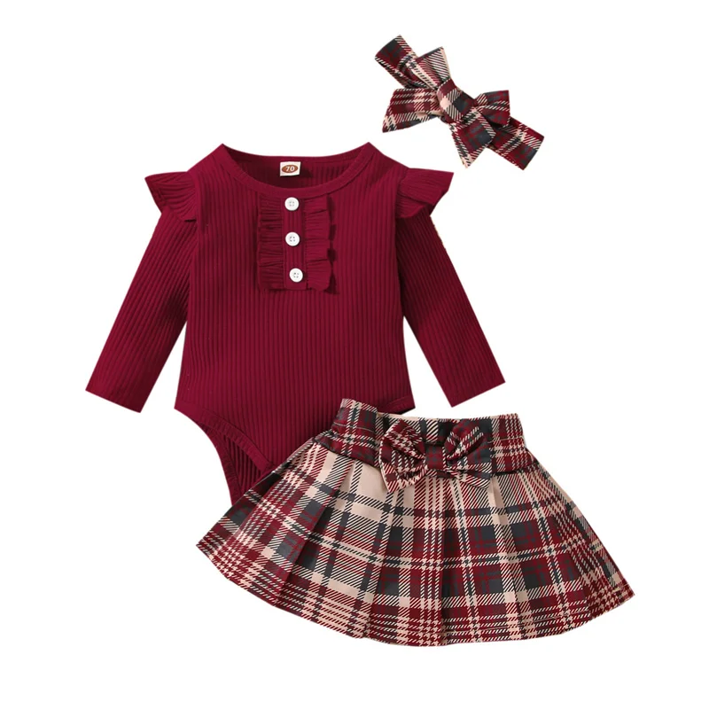 

Fashion 3Pcs Baby Girls Outfits Long Sleeve Ribbed Romper Tops + Plaid Pleated Skirt + Headband Set for Newborn Kids 0-18 Months