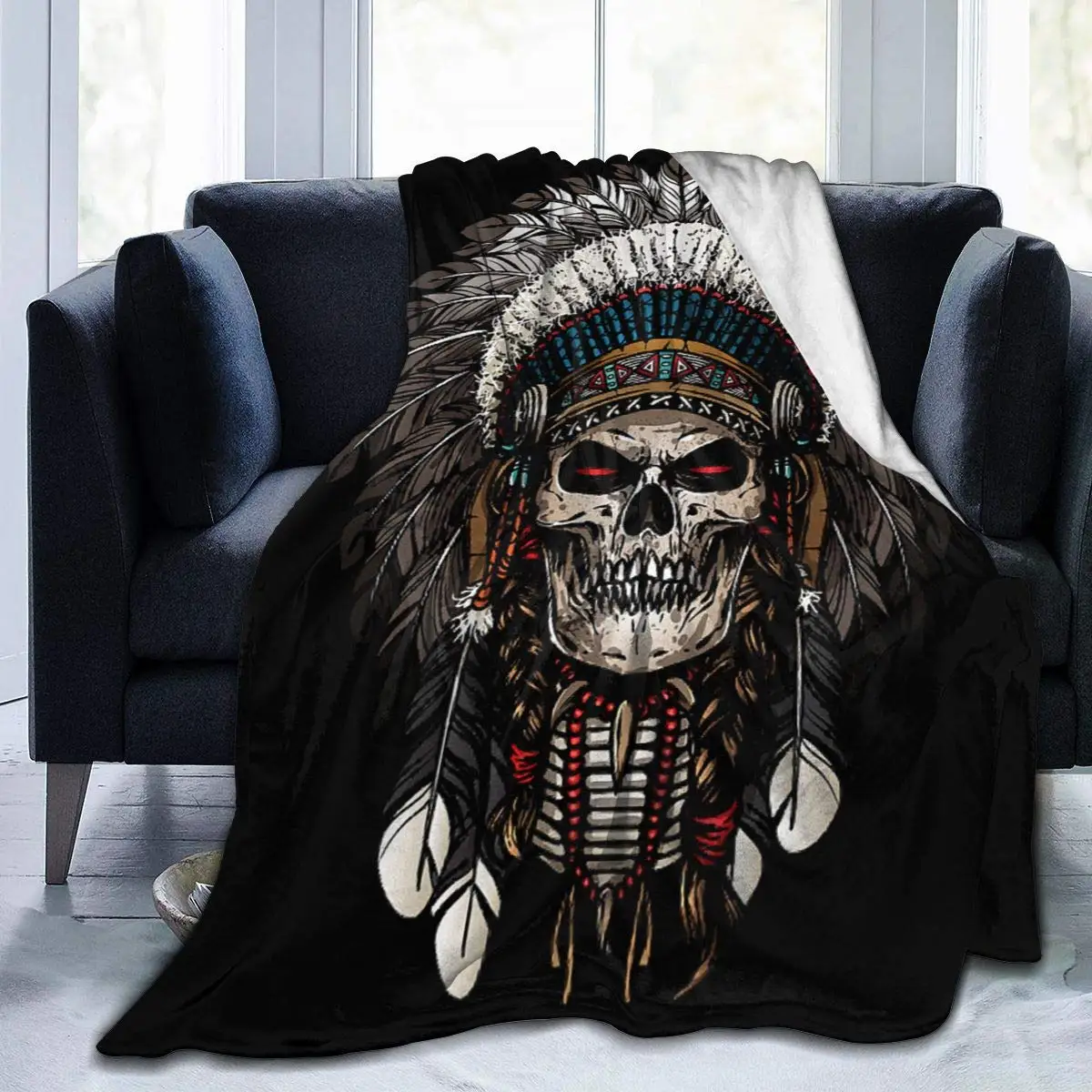 

Ультрамягкое Флисовое одеяло Warrior-Indian-Skull, покрывало для кровати, дивана, гостиной, пикника, подходит для всех сезонов